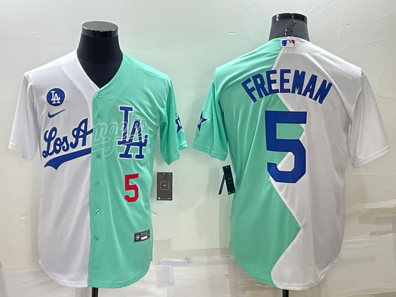Men's Los Angeles Dodgers #5 Freddie Freeman 2022 All-Star White/Green Cool Base Stitched Baseball Jersey Men's Los Angeles Dodgers #5 Freddie Freeman 2022 All-Star White/Green Cool Base Stitched Baseball Jersey